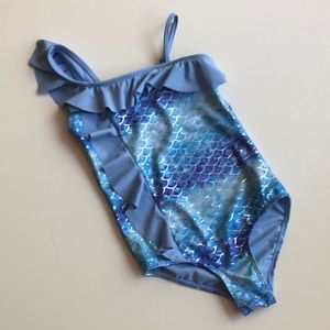Justice Mermaid One Shoulder Blue Swimsuit  SZ 7